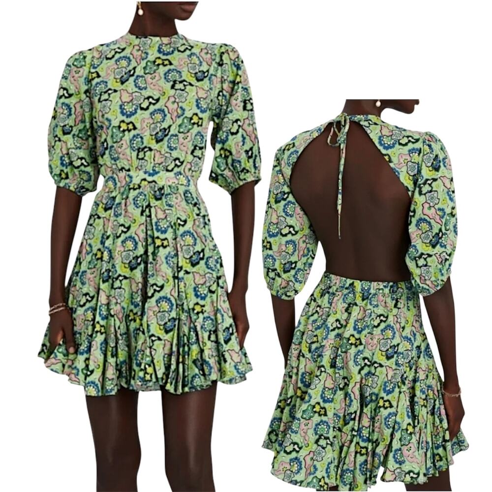 Rhode Women's 'Molly' Mini Dress Mosaic Floral Grass Flowy Open-Back Green Small